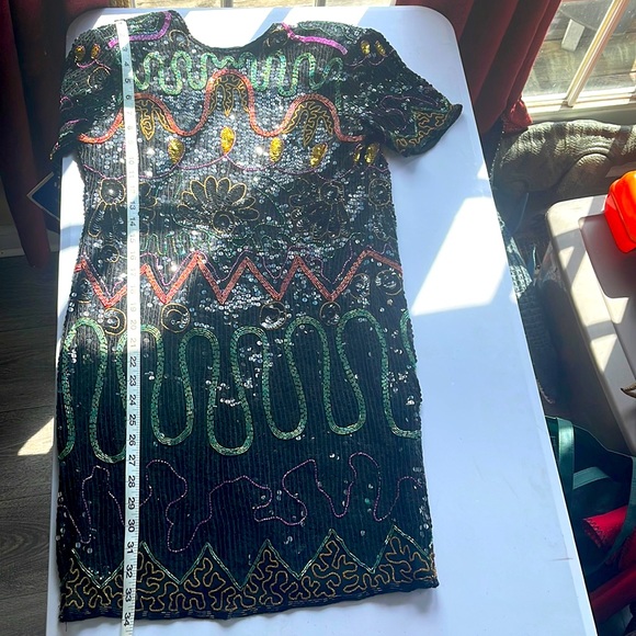 VINTAGE RARE SWEE LO 80s Christmas NYE 100% Silk Beaded Sequined Party Dress - Picture 13 of 16